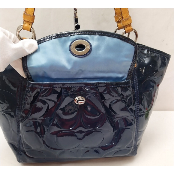 Coach Signature Blue Patent Leather Turnlock Double Handle Tote Shoulder Bag - Picture 9 of 16